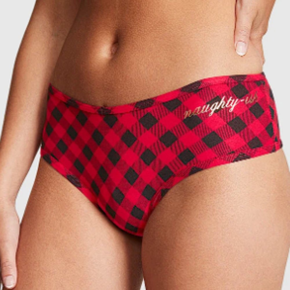 Christmas VS PINK COTTON CHEEKSTER PANTY Red Black Plaid "Naughty-Ish" NWT